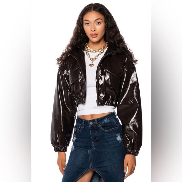 AKIRA Brown Patent Leather Bomber Jacket - Picture 1 of 7